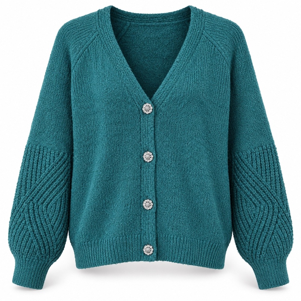 Maurices XL Teal Rhinestone Button Balloon Sleeve Knit Cardigan